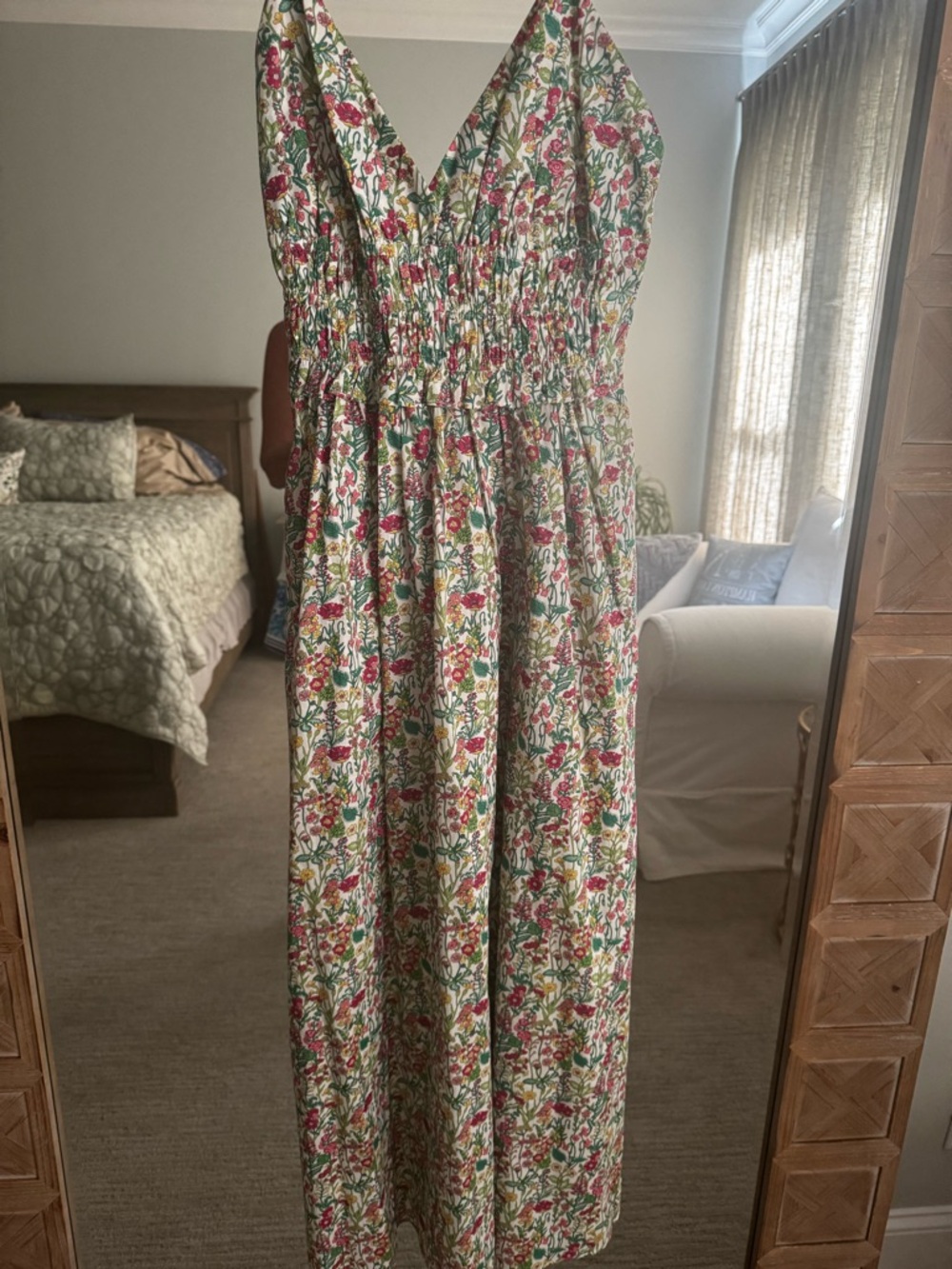 J. Crew Liberty Floral Smocked Waist Maxi Dress in White, Pink & Green